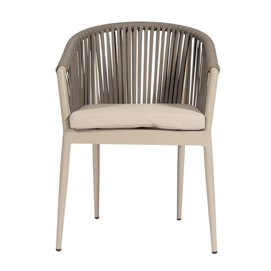 The Sabi dining chair guarantees maximum comfort and durability. A timeless addition to your outdoor entertainment space. Featuring an aluminium frame with outdoor strapping and 100% polyester cushion fabric, 
