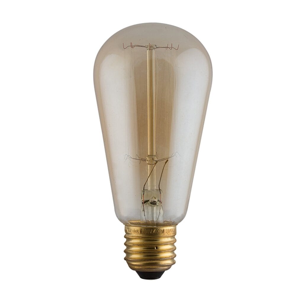 Dimmable amber pear-shaped carbon filament globe for all your lighting needs Diameter : 60 mm Length : 125 mm Base : E27 Watt : 40W