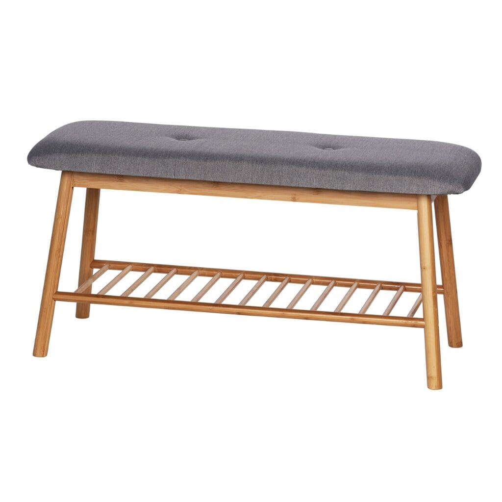 High-quality shoe bench with a shelf for up to 4 pairs of shoes. Made of environmentally friendly, rapidly renewable hard and robust bamboo. Padded seat surface for added comfort while putting on or taking off shoes.