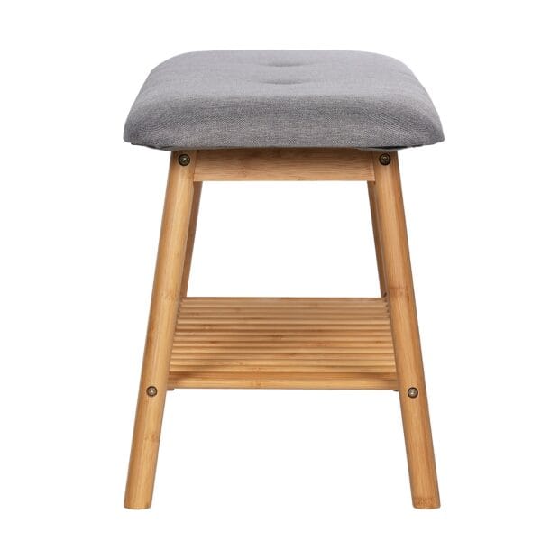 High-quality shoe bench with a shelf for up to 4 pairs of shoes. Made of environmentally friendly, rapidly renewable hard and robust bamboo. Padded seat surface for added comfort while putting on or taking off shoes.