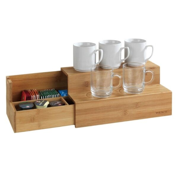 A high-quality kitchen organizing system with a drawer on both sides for tea, coffee, or hot chocolate. Two steps for placing cups, honey, cinnamon or any other spices that you use to make that perfect hot beverage. Made of environmentally-friendly, rapidly renewable bamboo