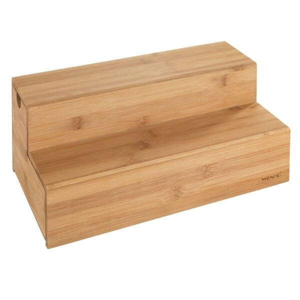 A high-quality kitchen organizing system with a drawer on both sides for tea, coffee, or hot chocolate. Two steps for placing cups, honey, cinnamon or any other spices that you use to make that perfect hot beverage. Made of environmentally-friendly, rapidly renewable bamboo