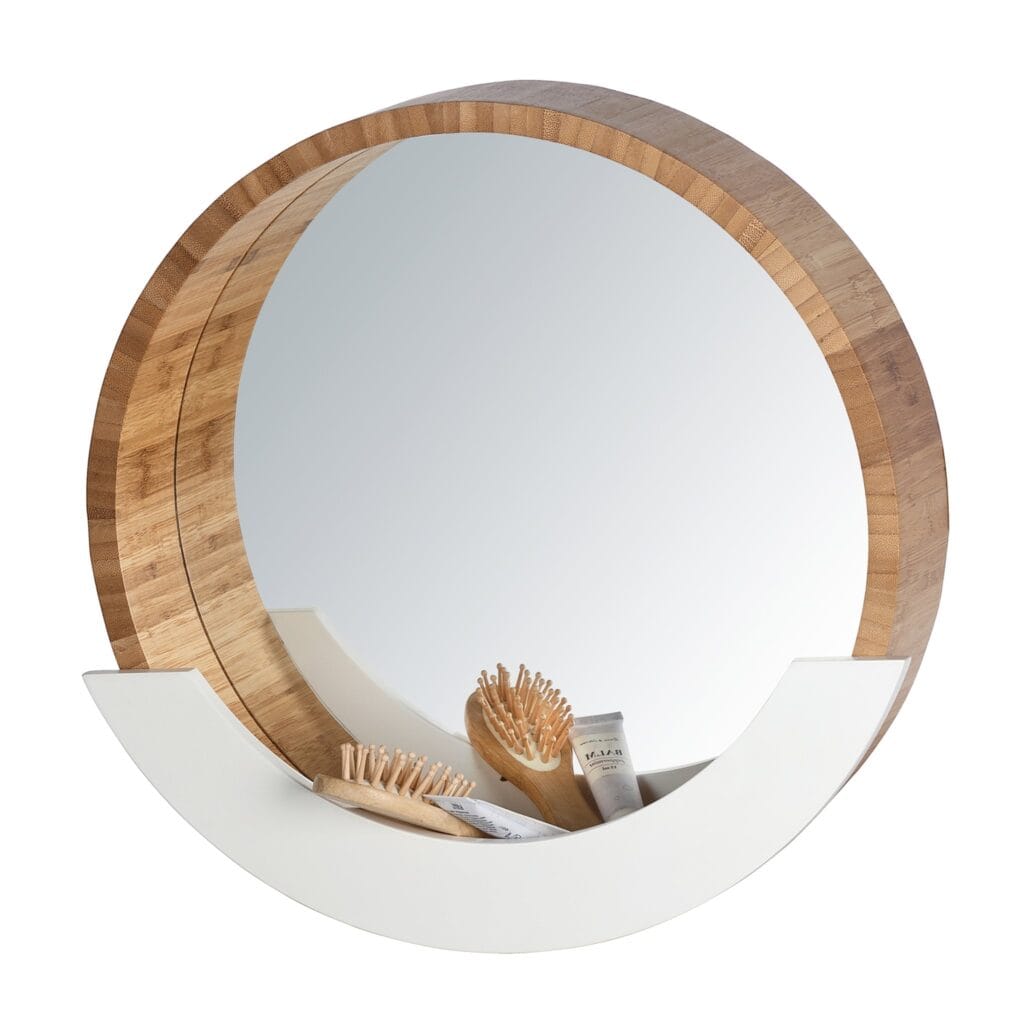 Modern wall mirror with an integrated storage shelf for keys, mobile phones or cosmetics. Offers a combination of functionality and design. Particularly suitable for use as cosmetic mirror.