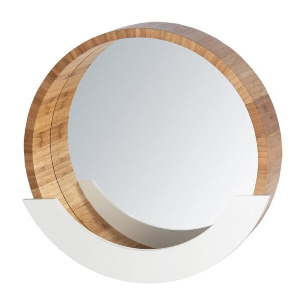 Modern wall mirror with an integrated storage shelf for keys, mobile phones or cosmetics. Offers a combination of functionality and design. Particularly suitable for use as cosmetic mirror.