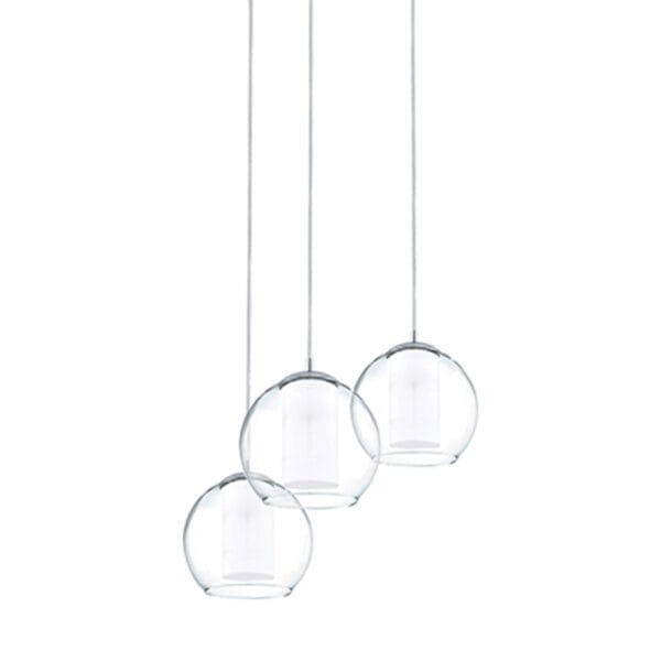 A modern and fresh lighting design with a clear glass outer and opal inner. Will look stunning above the dining room table as a center piece.