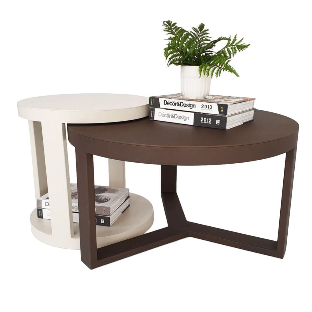 A sophisticated and modern design of contrasting palettes that pair well together, Dune ferrograin side table and Mocha bronze coffee table. Manufactured from mild steel, welded and powder coated. Use individually or nested together. Dimensions Side Table Diameter : 500 mm Height: 500 mm Coffee Table Diameter : 800 mm Height: 450 mm