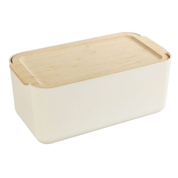 Practical, attractive, high-quality, sustainable bamboo fibre subtle beige bread box with a bamboo lid.. A multifunctional helper in any household the attractive bamboo lid serves simultaneously as a robust chopping board.