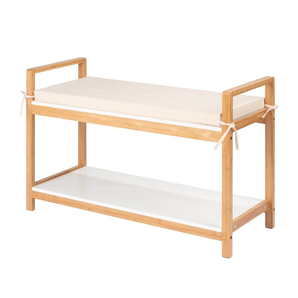 A must-have to add minimalism and functionality to any household. Made from rapidly renewable bamboo. This modern shoe rack has a comfortably padded seat surface, it is ideal for putting on and taking off shoes and boots. Shoes can be stored easily and practically on the rack below that holds up to four pairs.