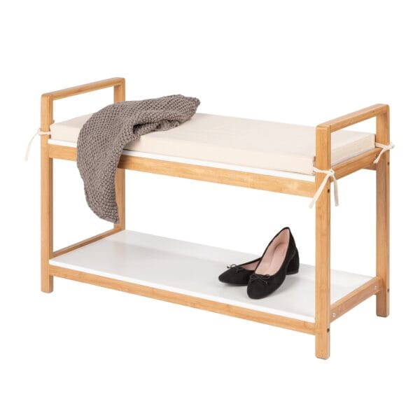 A must-have to add minimalism and functionality to any household. Made from rapidly renewable bamboo. This modern shoe rack has a comfortably padded seat surface, it is ideal for putting on and taking off shoes and boots. Shoes can be stored easily and practically on the rack below that holds up to four pairs.