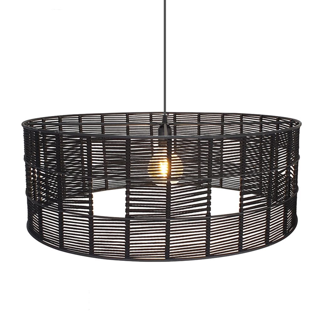 The rope drum pendant is locally handmade with black rope yarn. A unique modern design that creates a statement in any room of the house.