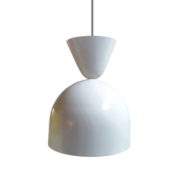 A retro signal white powder coated aluminum spun metal hanging pendant.