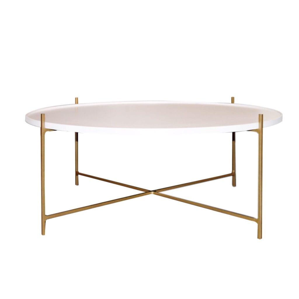 Bring a touch of contemporary elegance to your living room with this floating coffee table. Matt white top perched on a striking gold stand. Available as a side table option.