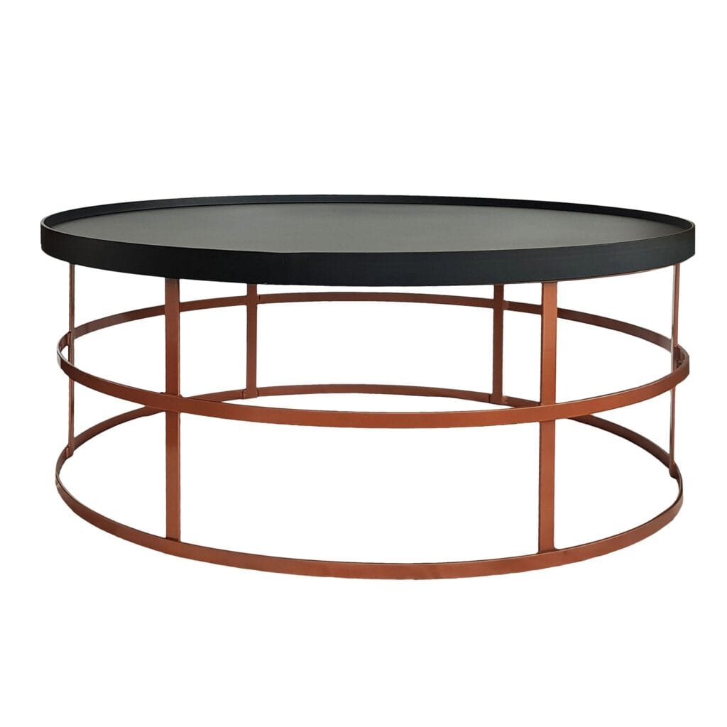 This stylish piece is both eye-catching and functional. It is the perfect statement piece to complete your living space. Perfect for minimalist and industrial interiors, this contemporary coffee table is ideal for displaying decor or serving refreshments. Manufactured from mild steel, welded and powder coated. Copper flat bar base with a loose charcoal top.