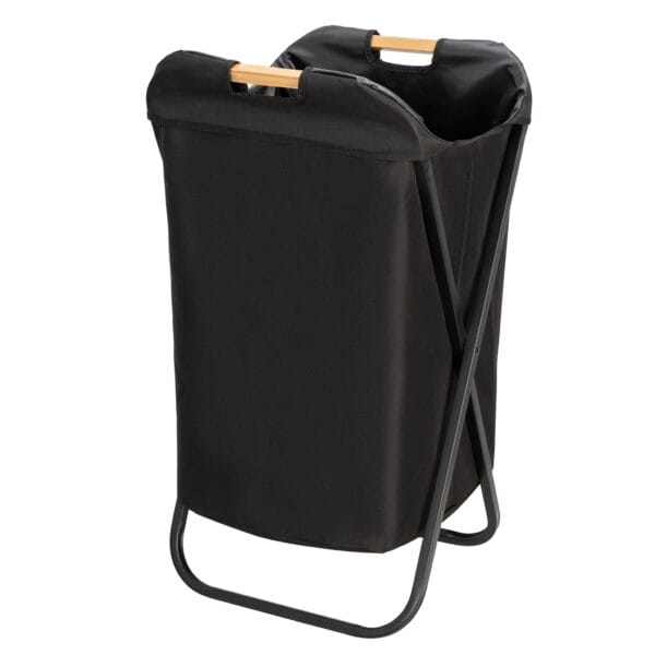 Modern laundry basket with bamboo handles. Detachable laundry bag made of durable polyester with a black, powder-coated metal frame.