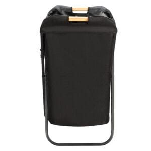 Modern laundry basket with bamboo handles. Detachable laundry bag made of durable polyester with a black, powder-coated metal frame.