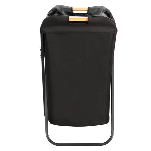 Modern laundry basket with bamboo handles. Detachable laundry bag made of durable polyester with a black, powder-coated metal frame.