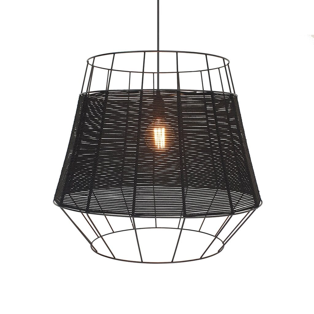 Handwoven with black rope, the Lusaka hanging pendant will be perfect for your dining room, living area, or commercial space for practical lighting that creates a statement.