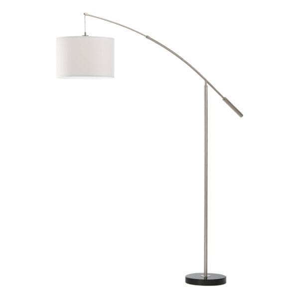 The Nadina floor lamp in steel has a satin chrome finish and a white fabric lamp shade. Complements a range of interior palettes.