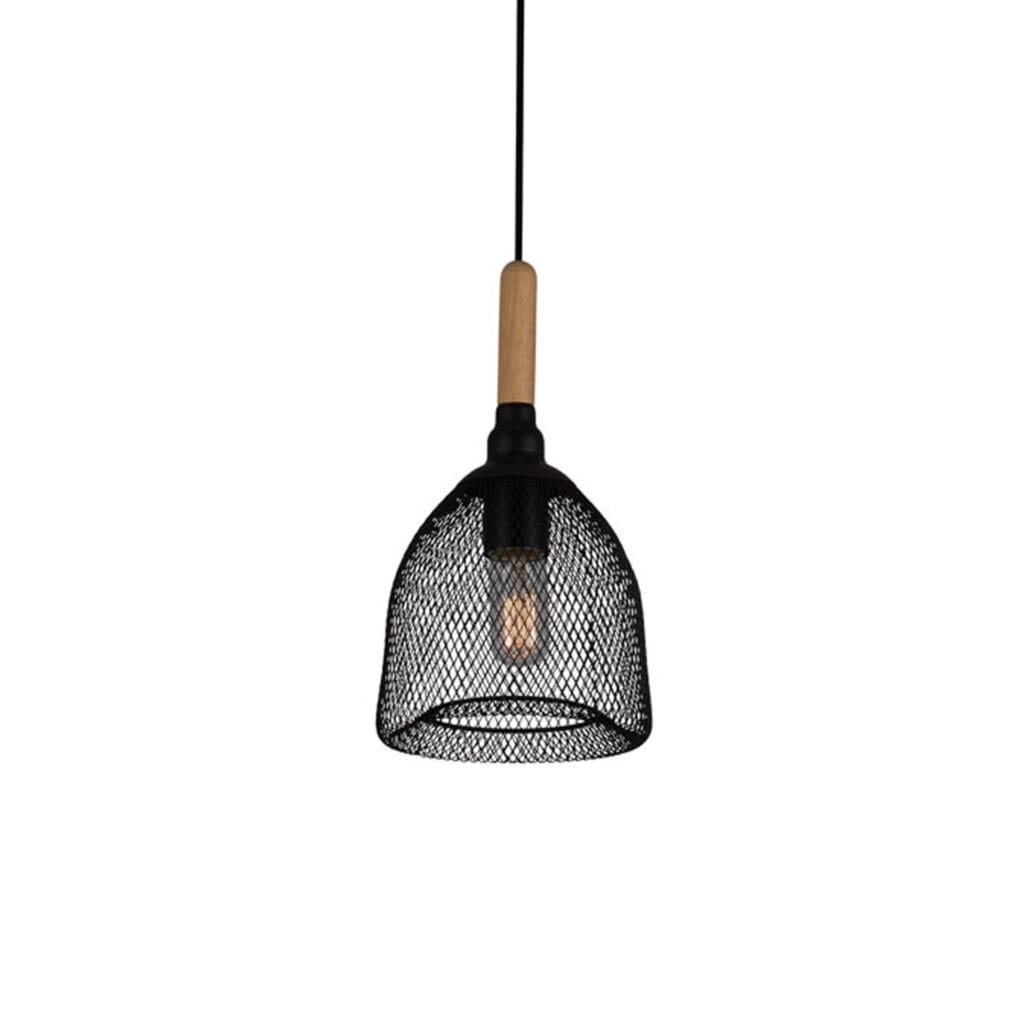 Create a warm ambience in your space with the Namada steel and wood mesh pendant light.