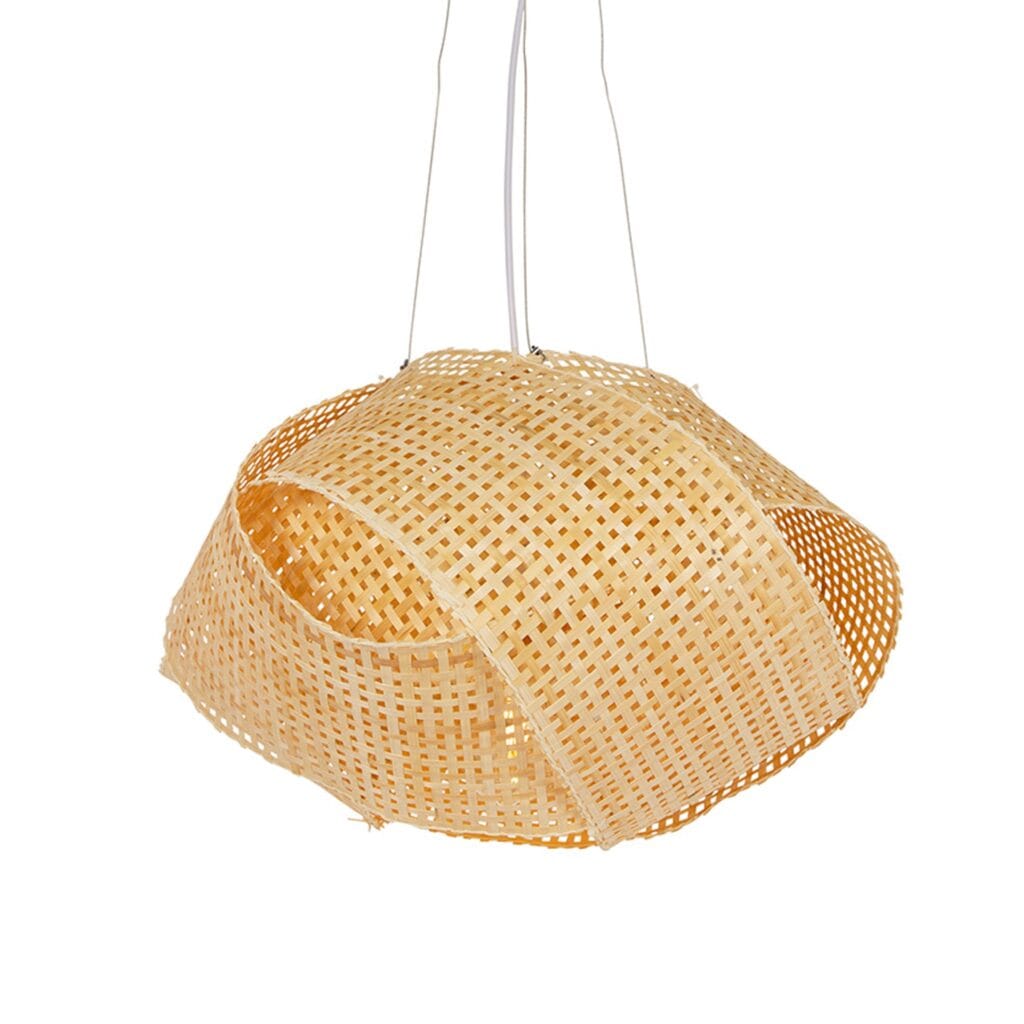 Scandinavian inspired woven bamboo hanging pendant. Enhance your space with warm lighting. Available in two sizes