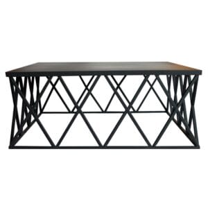 Featuring a bold geometric metal base and a sleek black tabletop, this modern industrial coffee table blends style and functionality effortlessly.