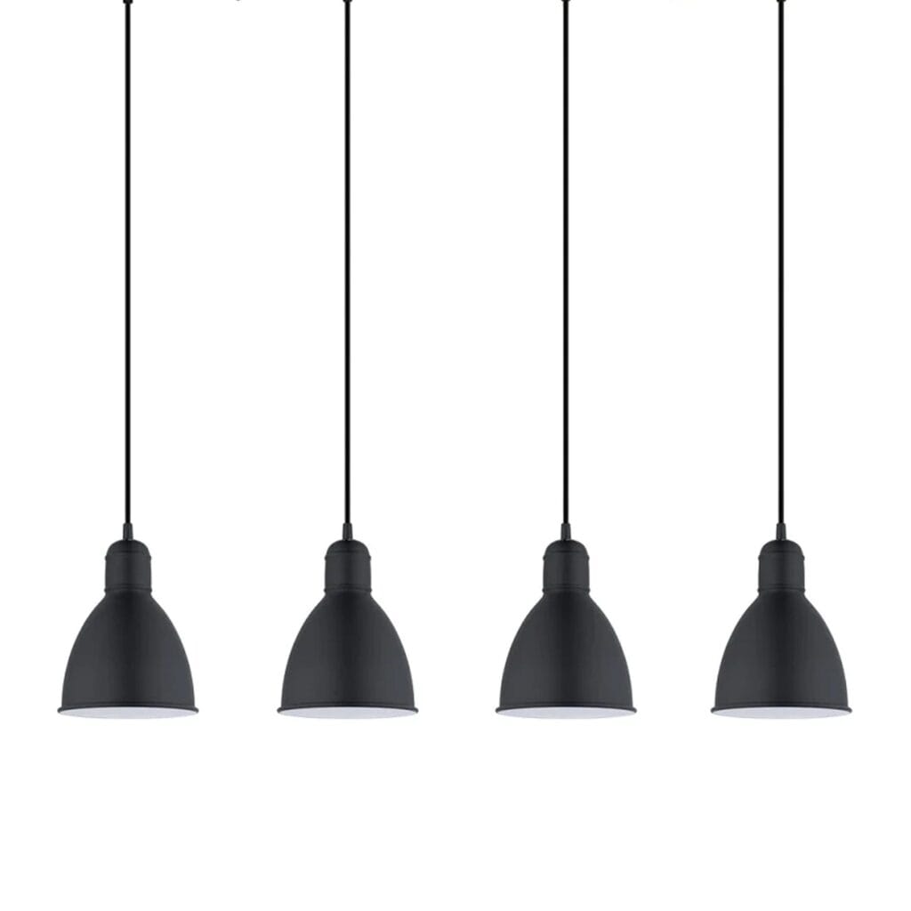 The industrial style steel Priddy 4 light pendant shade has a white interior to reflect a cleaner glow of light from within. Hang in your kitchen or dining room for practical yet contemporary lighting