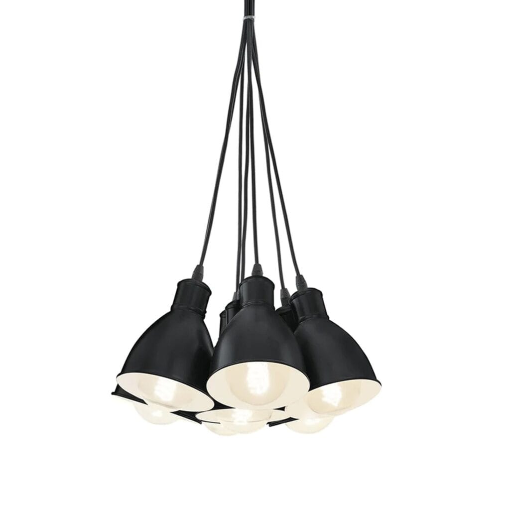 The industrial-style steel Priddy 7 light cluster pendant shade has a white interior to reflect a cleaner glow of light from within. Hang in your stairwell, bedroom, kitchen or dining room for practical yet contemporary lighting.