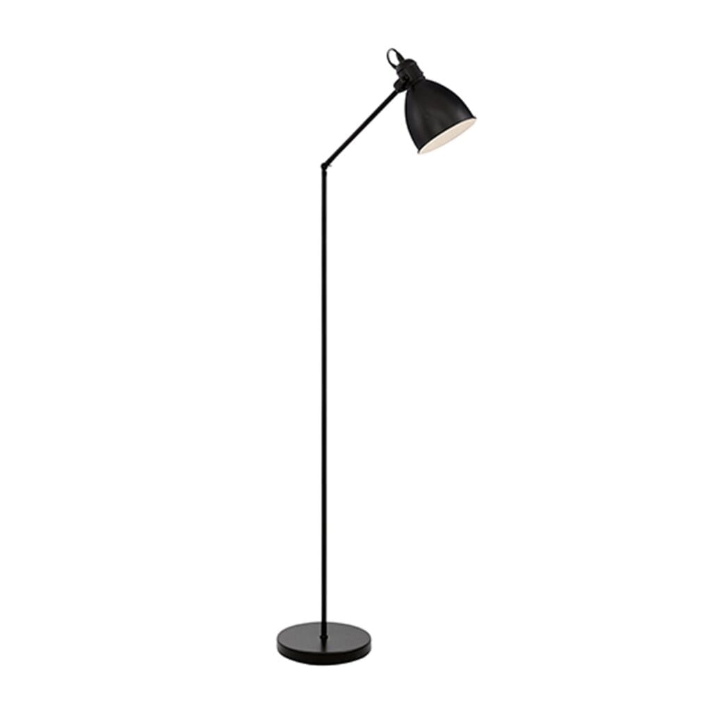 Priddy floor lamp in a matte black finish features an adjustable lamp head and shade with a white interior. Along with the towering height and sleek character, the floor lamp will add ambient light and enhance the interior décor of the room.