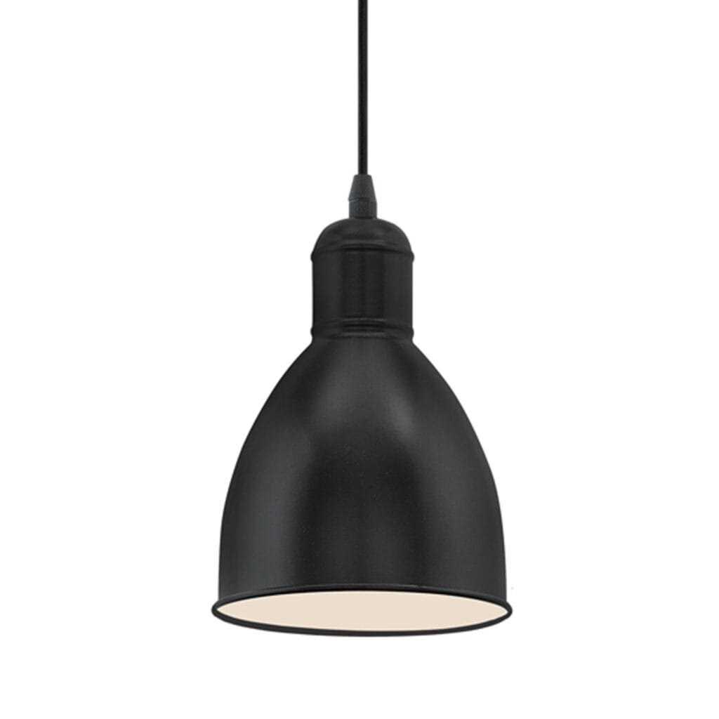 The industrial style steel Priddy light pendant shade has a white interior to reflect a cleaner glow of light from within. Hang in your stairwell, bedroom, kitchen or dining room for practical yet contemporary lighting. Also available in Table and Floor Lamp Options.