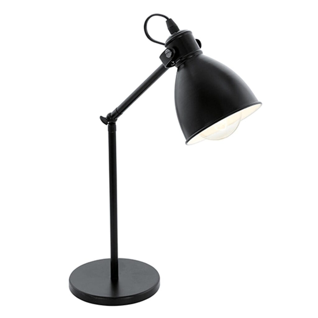 Black steel Priddy table lamp has a sleek, streamlined design to work with bright or basic colour palettes. Perfectly suited for your study or work desk. Available in a matching floor lamp and 3/4/ 7 cluster hanging pendants.
