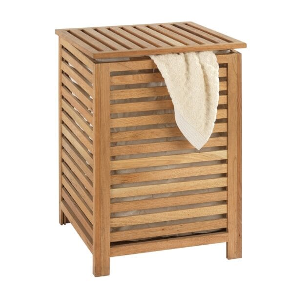 Solid oak natural walnut laundry bin with mortise joints. Removable cotton cream laundry bag made with 80% cotton and 20% polyester.