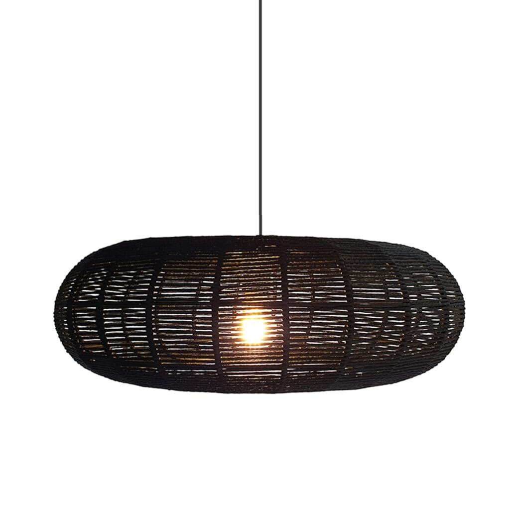 Hand woven with black rope the Squash woven pendant is perfect for your dining room, living area, or commercial space for practical lighting that creates a statement.