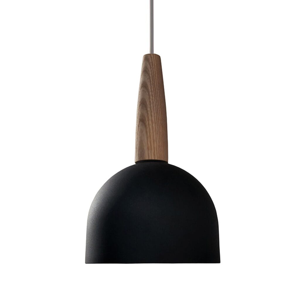 A retro aluminium spun metal hanging pendant powder coated and finished off with a wooden cone.