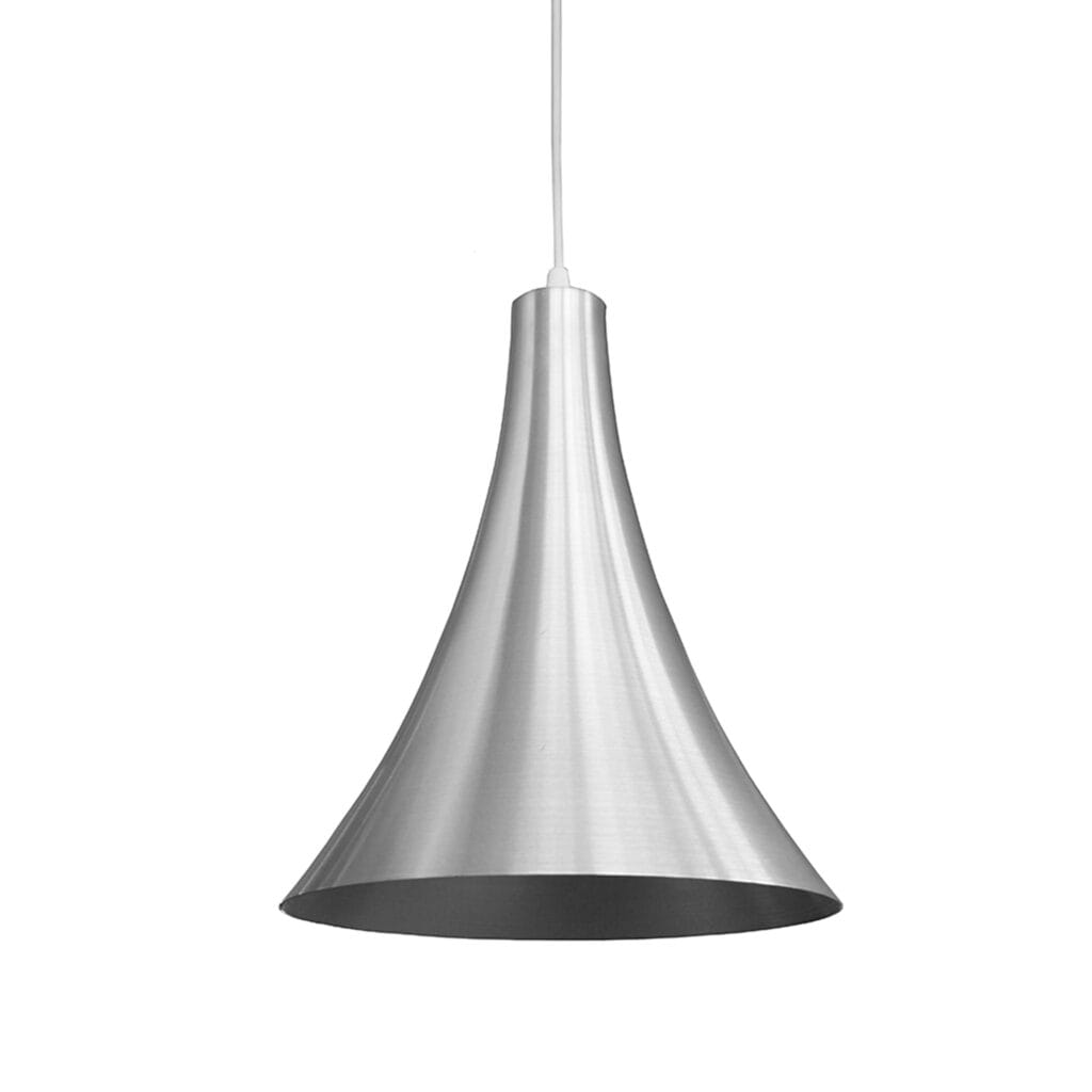 Spun aluminium brushed silver tulip hanging pendant.