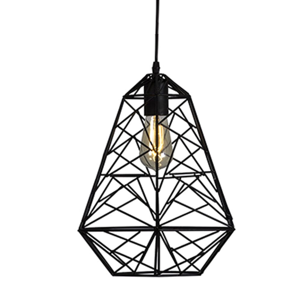 Add a touch of modern elegance to any space with this striking Diamante geometric pendant light. Featuring a black metal frame in a faceted, diamond-like design, this pendant showcases a stylish and industrial feel. The exposed bulb enhances its minimalist look while offering warm, ambient lighting.