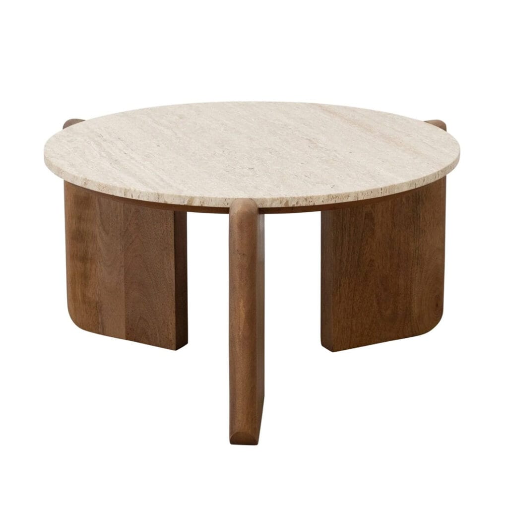The Cascade side tables and coffee tables blends the warmth of wood with the cool sophistication of stone. Crafted by hand, these head-turners feature legs made of solid mango wood and a travertine tabletop, miming the classic appeal of marble with its polished finish.
