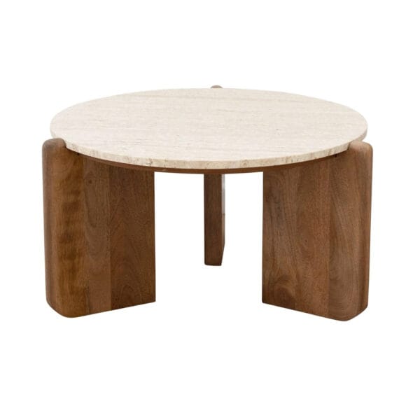 The Cascade side tables and coffee tables blends the warmth of wood with the cool sophistication of stone. Crafted by hand, these head-turners feature legs made of solid mango wood and a travertine tabletop, miming the classic appeal of marble with its polished finish.