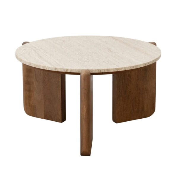 The Cascade side tables and coffee tables blends the warmth of wood with the cool sophistication of stone. Crafted by hand, these head-turners feature legs made of solid mango wood and a travertine tabletop, miming the classic appeal of marble with its polished finish. 