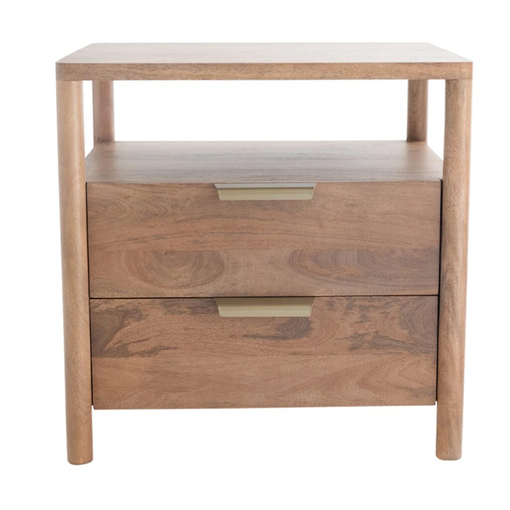 Charm and functionality characterise the Bordeaux nightstand. Handmade from premium solid mango wood and featuring two drawers, offering ample storage, this nightstand will bring natural beauty and lasting quality to your bedroom. Available in two sizes and colourways.