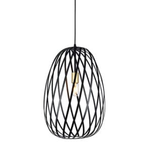 This modern pendant light features a sleek, cage-style design with interwoven steel bands forming an oval shape, adding sophistication and style to any space. The exposed bulb design radiates warm light throughout the room, creating a cozy and inviting atmosphere. A touch of gold at the bulb socket adds a hint of elegance, balancing the minimalist industrial look. Perfect for kitchens, dining areas, or entryways, the Noir Elegance pendant adds a contemporary touch to various decor styles.