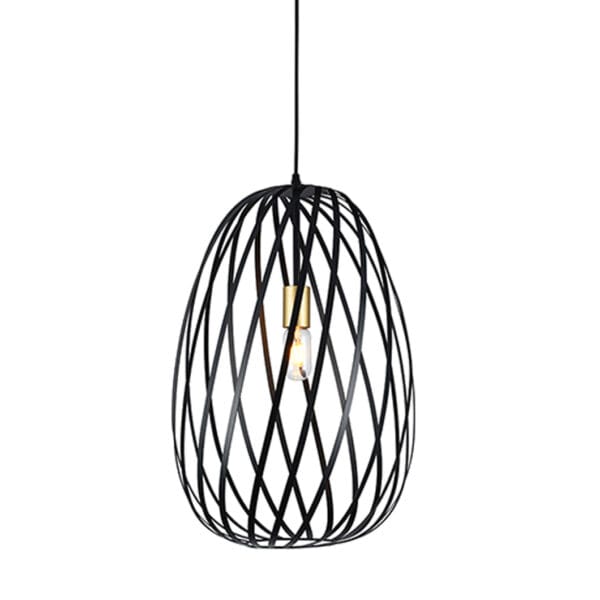 This modern pendant light features a sleek, cage-style design with interwoven steel bands forming an oval shape, adding sophistication and style to any space. The exposed bulb design radiates warm light throughout the room, creating a cozy and inviting atmosphere. A touch of gold at the bulb socket adds a hint of elegance, balancing the minimalist industrial look. Perfect for kitchens, dining areas, or entryways, the Noir Elegance pendant adds a contemporary touch to various decor styles.