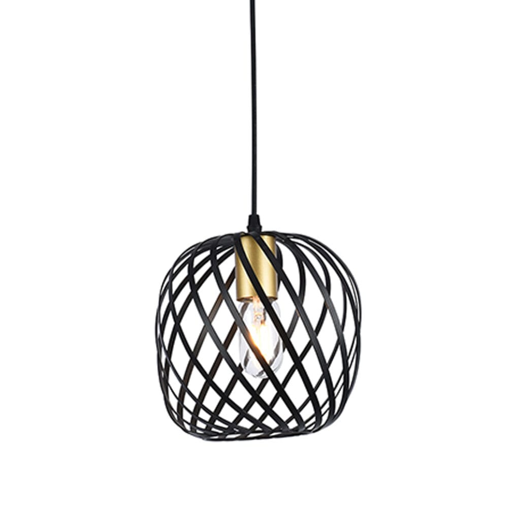 This modern pendant light features a sleek, cage-style design with interwoven steel bands forming an oval shape, adding sophistication and style to any space. The exposed bulb design radiates warm light throughout the room, creating a cozy and inviting atmosphere. A touch of gold at the bulb socket adds a hint of elegance, balancing the minimalist industrial look. Perfect for kitchens, dining areas, or entryways, the Noir Elegance pendant adds a contemporary touch to various decor styles.