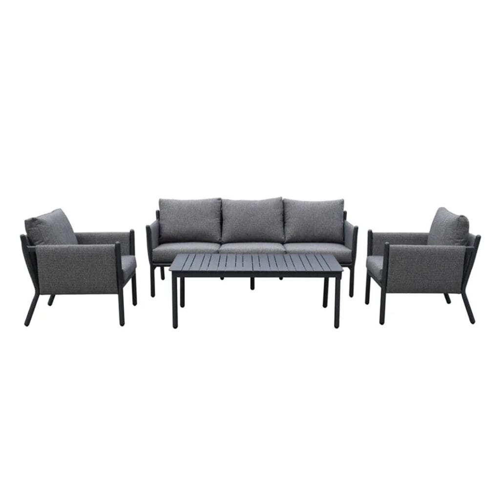 The fully outdoor Prominade set is an invitation to unwind, socialize and embrace the outdoors. This set comprises two single-seaters and a three-seater – composed of an aluminium frame, spun polyester and a weather-resistant foam cushion – as well as an aluminium coffee table that features a slatted tabletop.