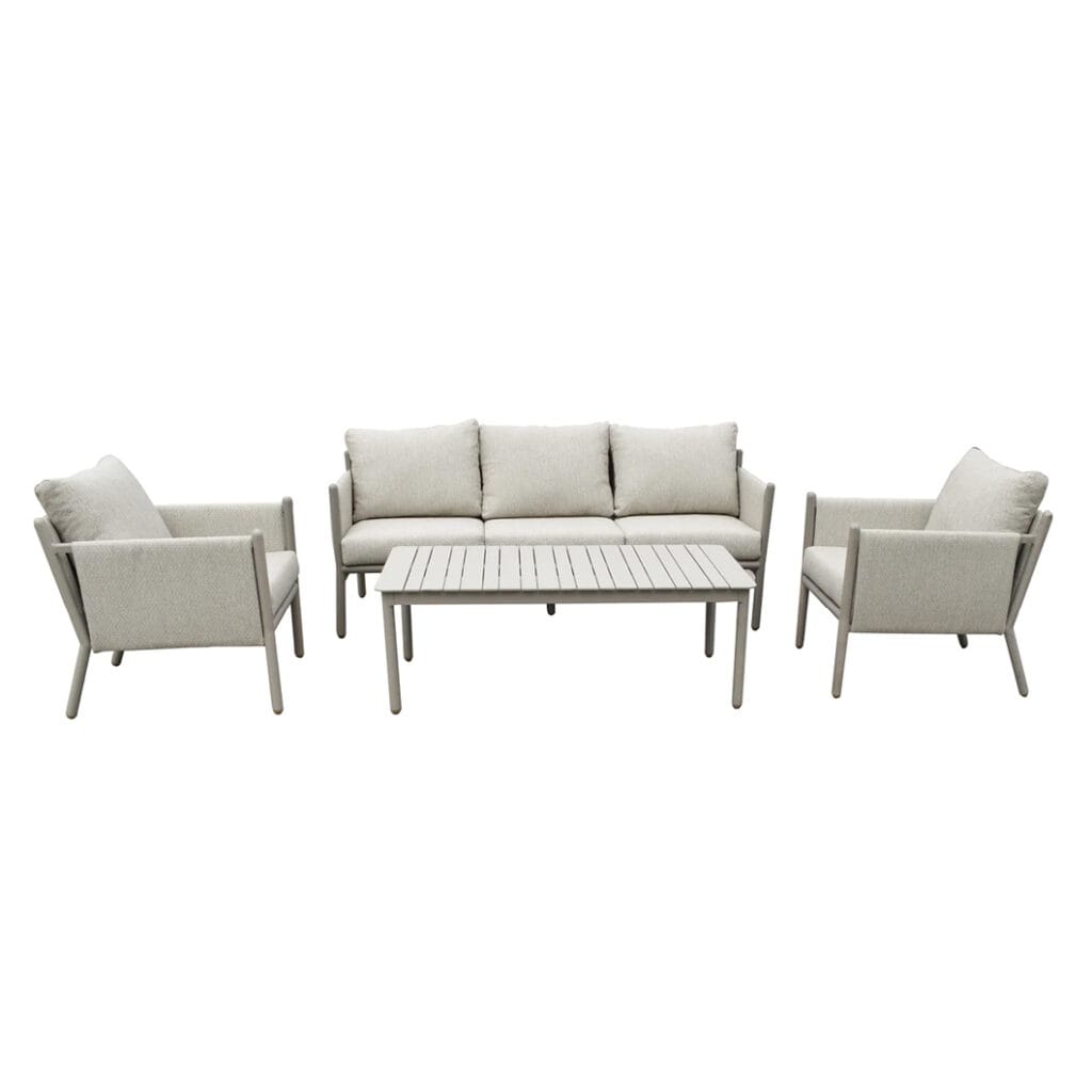 The fully outdoor Prominade set is an invitation to unwind, socialize and embrace the outdoors. This set comprises two single-seaters and a three-seater – composed of an aluminium frame, spun polyester and a weather-resistant foam cushion – as well as an aluminium coffee table that features a slatted tabletop.