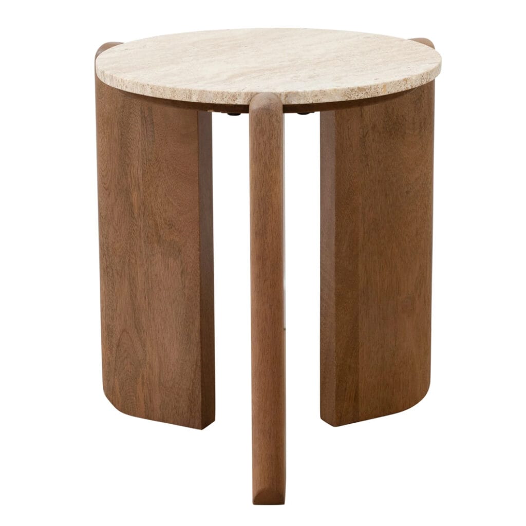 Our boldly proportioned Cascade range of side tables and coffee tables blends the warmth of wood with the cool sophistication of stone. Crafted by hand, these head-turners feature legs made of solid mango wood and a travertine tabletop, which mimics the classic appeal of marble with its polished finish. Minor assembly required