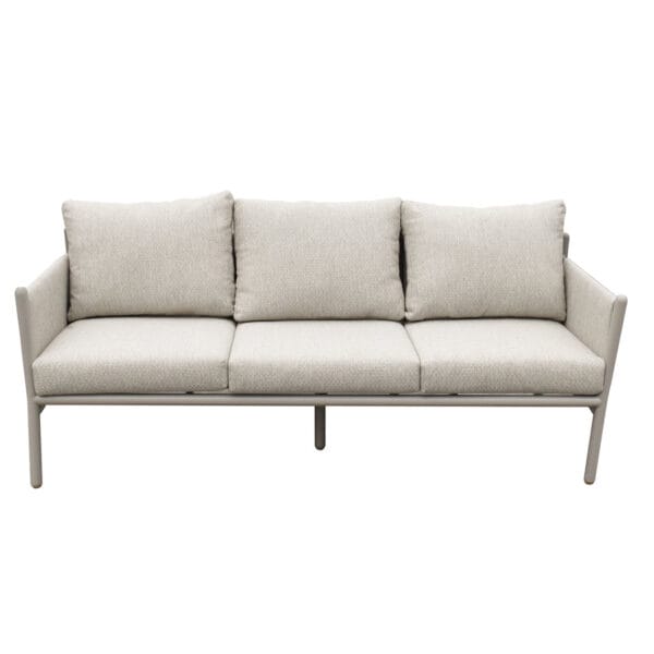 The fully outdoor Prominade set is an invitation to unwind, socialize and embrace the outdoors. This set comprises two single-seaters and a three-seater – composed of an aluminium frame, spun polyester and a weather-resistant foam cushion – as well as an aluminium coffee table that features a slatted tabletop.